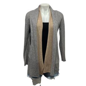 Neiman Marcus cashmere gray with tan trim open front cardigan XS